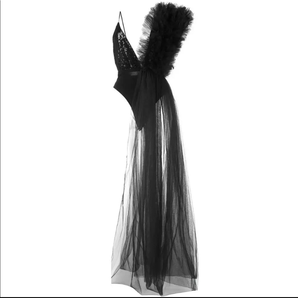 Black asymmetrical sequin and tulle bodysuit